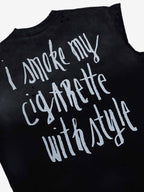 Vintage Distressed Hole Washed Letter Print Sleeveless Knit T-Shirt