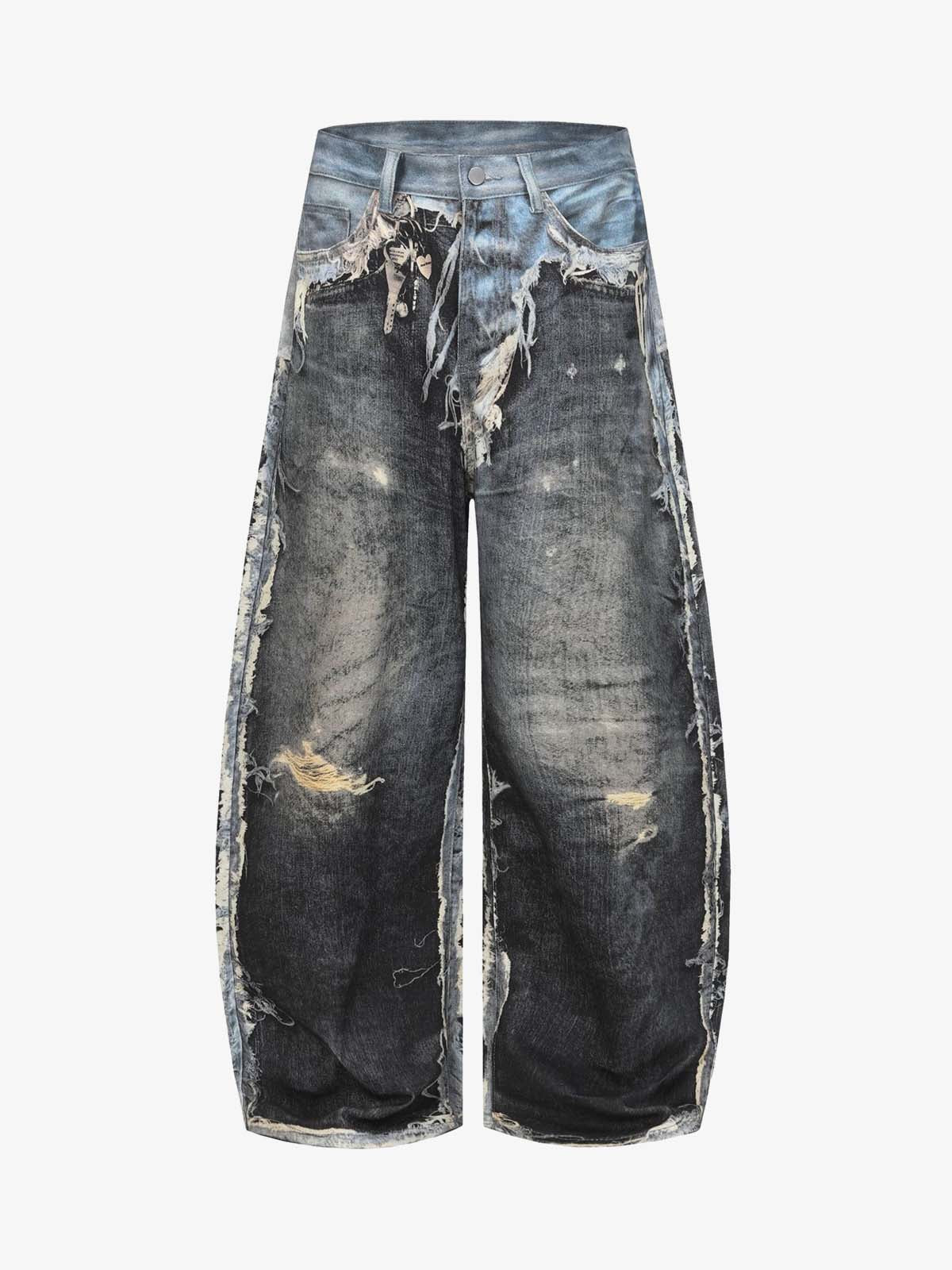 Distressed Patchwork Wide Leg Washed Denim Jeans