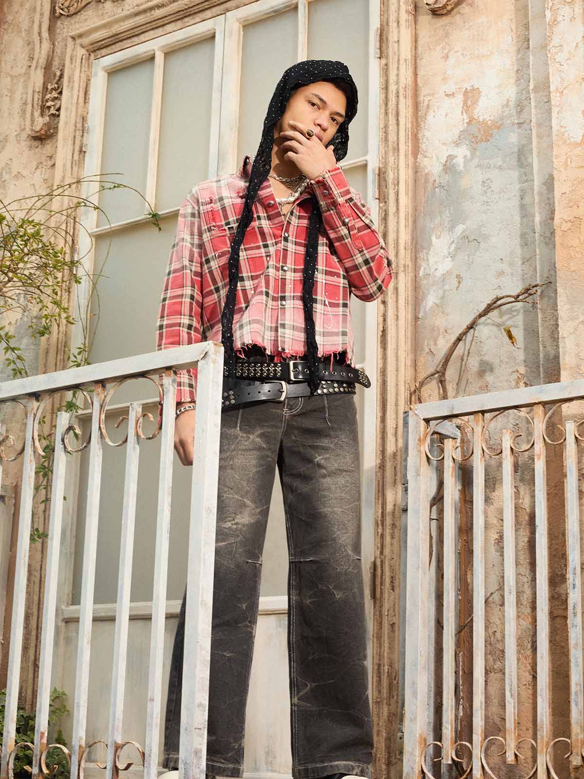 Paint Splatter Plaid Frayed Hem Button Up Shirt