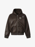 Vintage Leather Badge Fleece-lined Hooded Zip Bomber Jacket - 2547