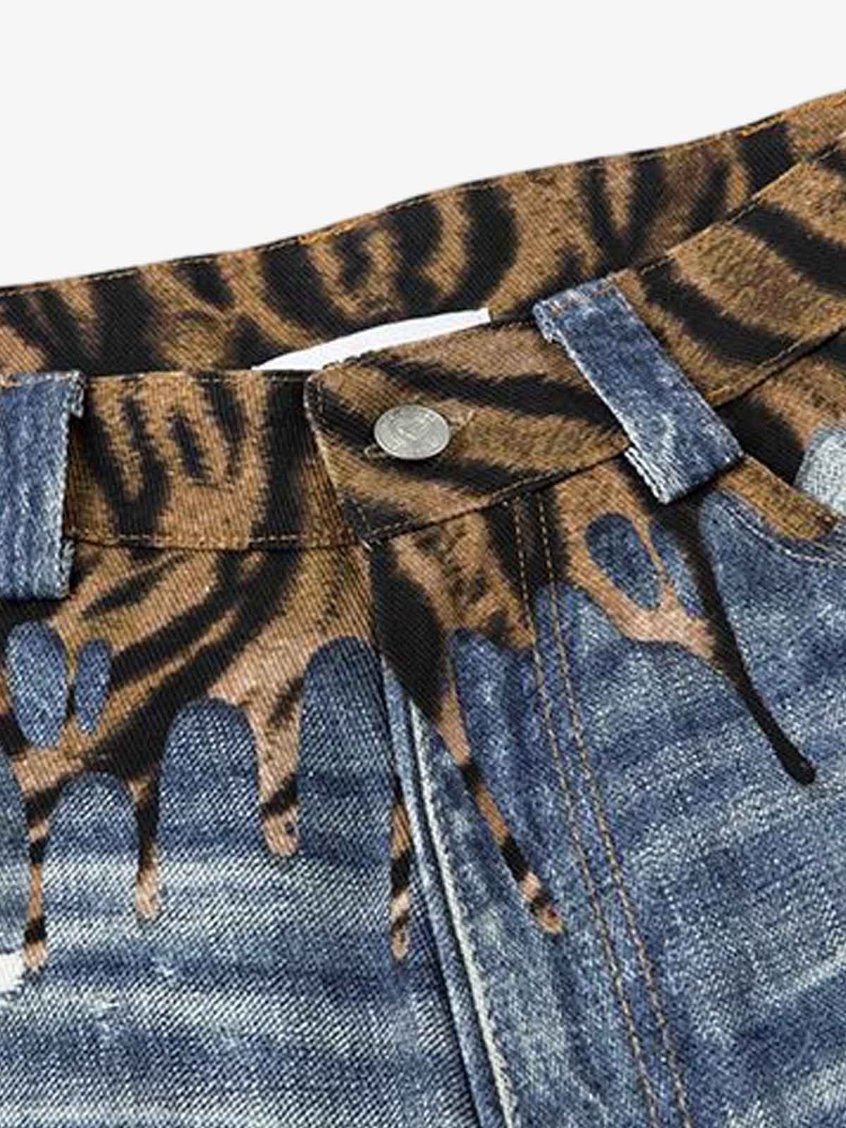 Vintage Washed Tiger Print Wide Leg Denim Jeans