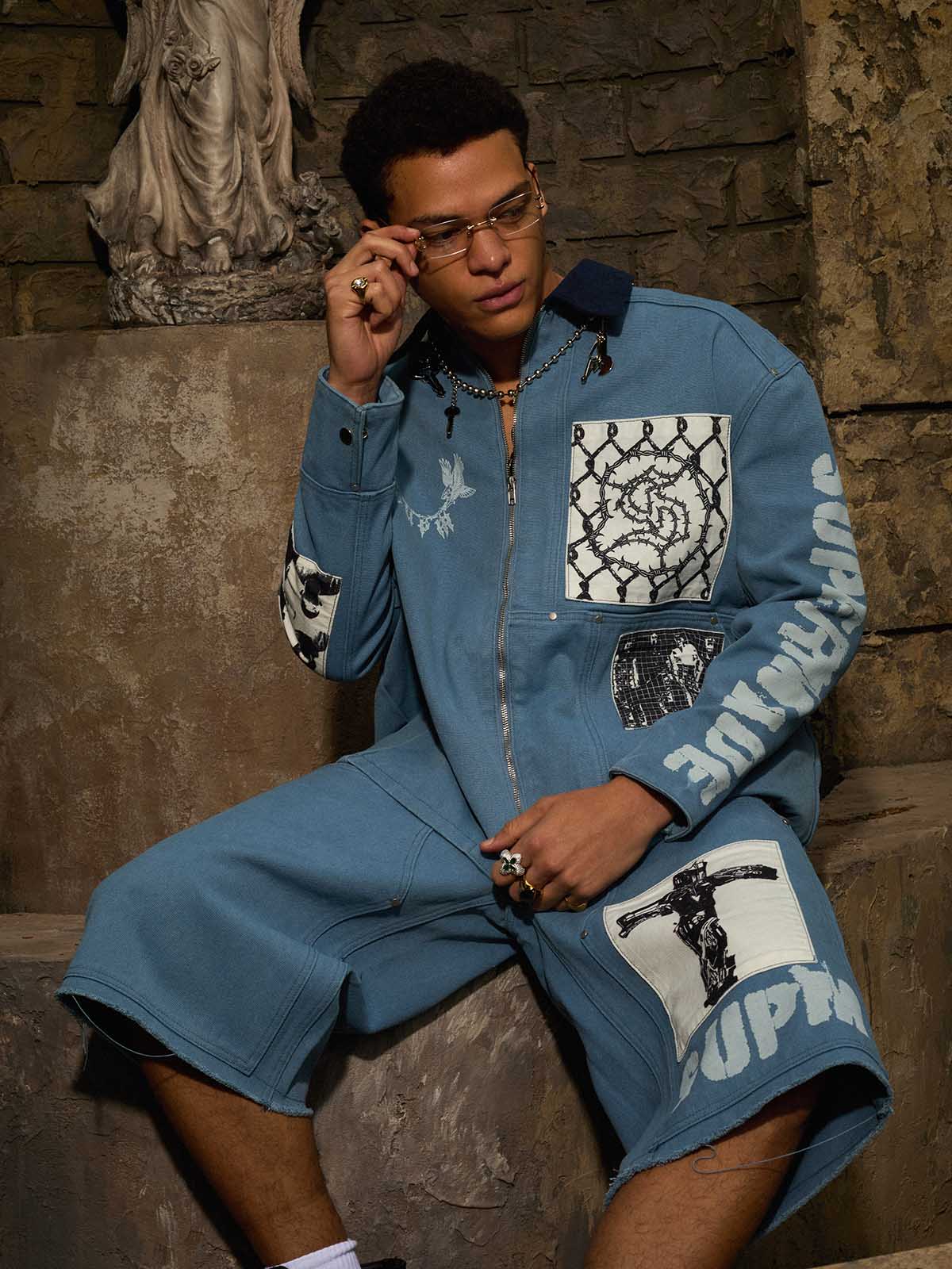 precipice Multi-Element Appliqué Patchwork Denim Suit - 2593