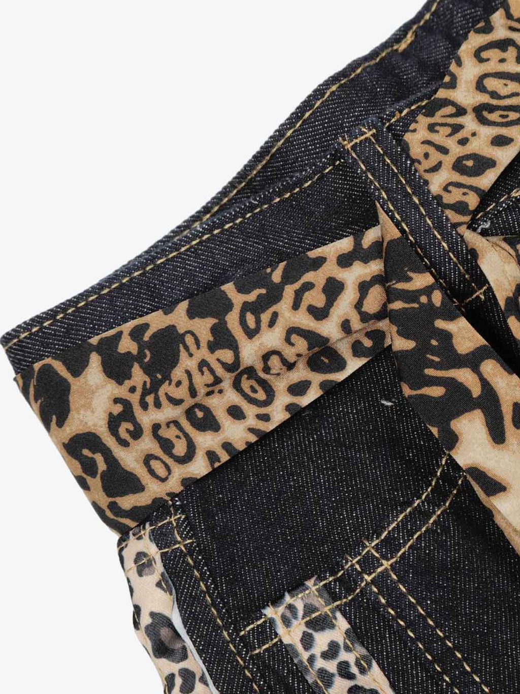 Leopard Side Panel Tie Belt Denim Barrel Jeans