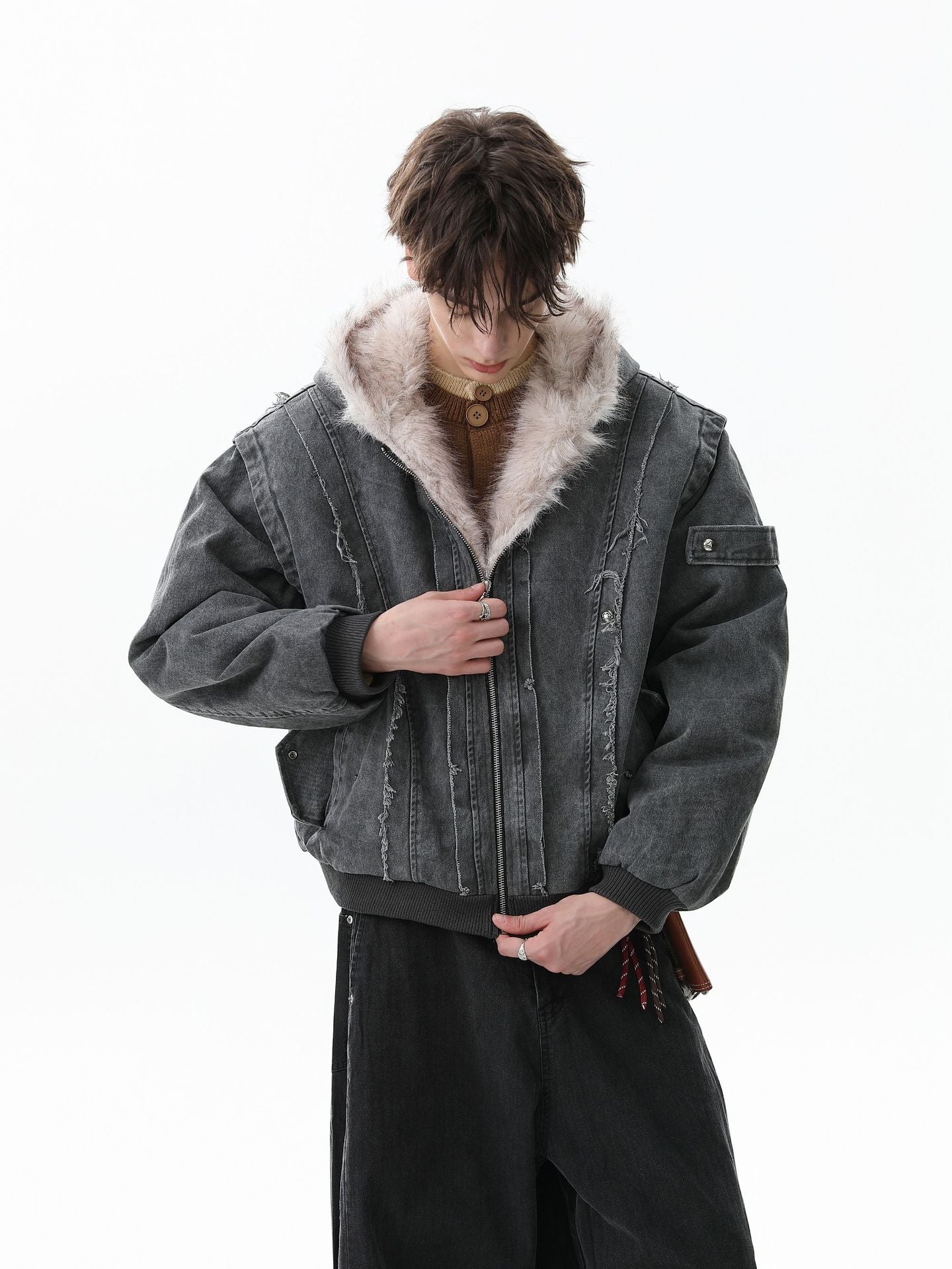 Retro Washed Fleece-lined Hooded Work Jacket