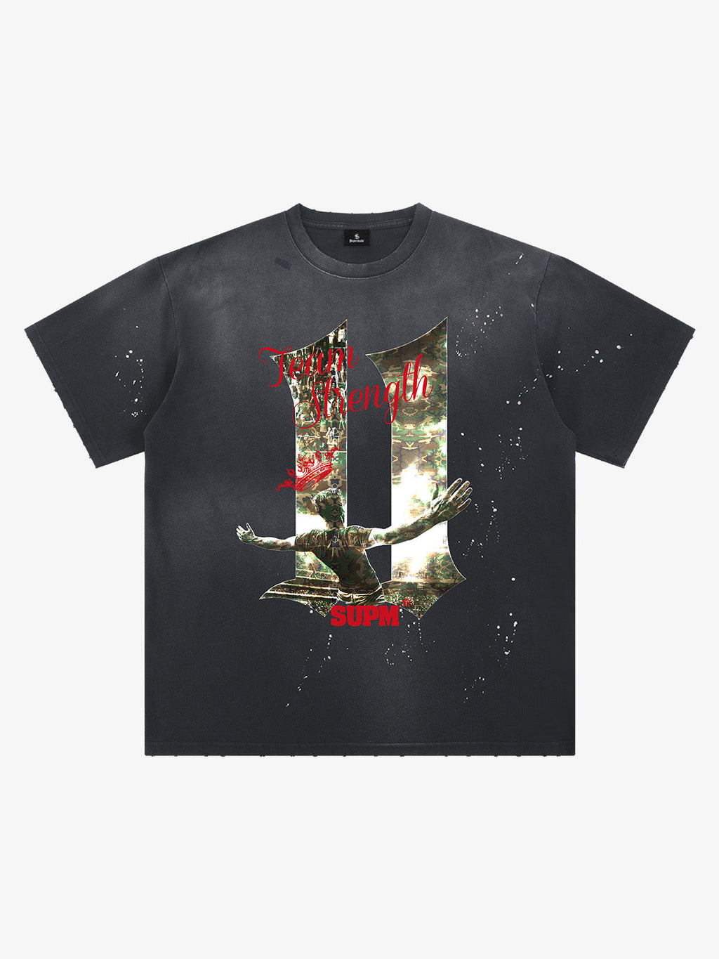 Washed Distressed "Team Strength 11" Graphic T-Shirt