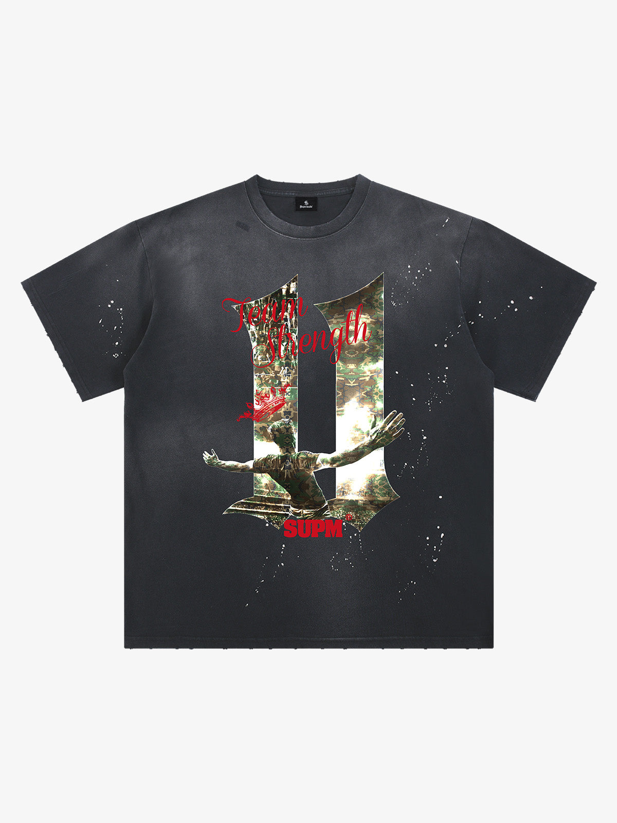 Washed Distressed "Team Strength 11" Graphic T-Shirt