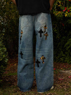 Vintage Wash Camo Cross Applique Distressed Straight Jeans