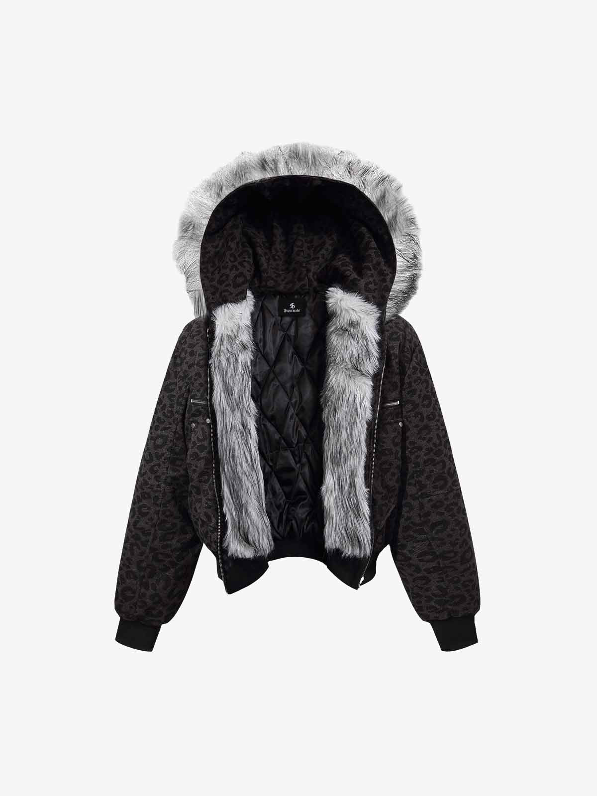 Retro Faux Fur Trimmed Hood Leopard Print Bomber Jacket