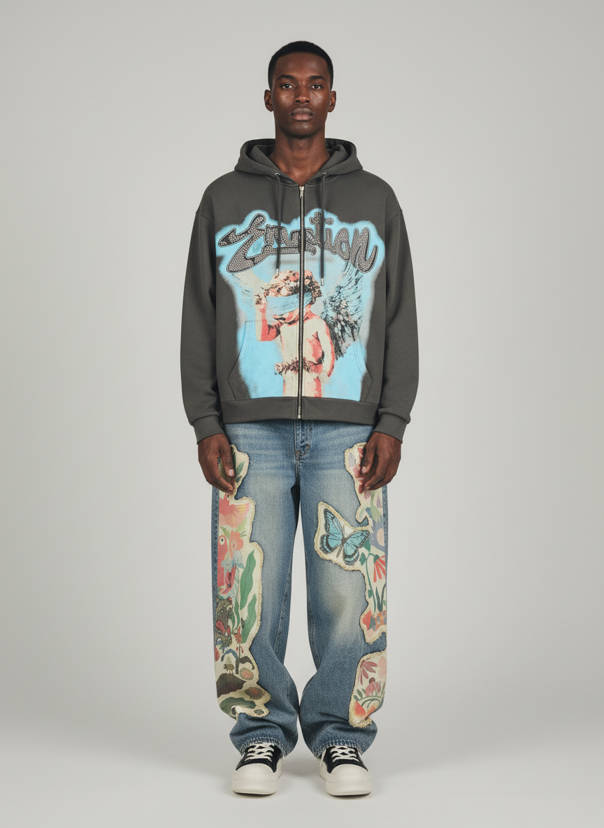 Vintage Blindfolded Angel Rhinestone Zip-Up Hoodie