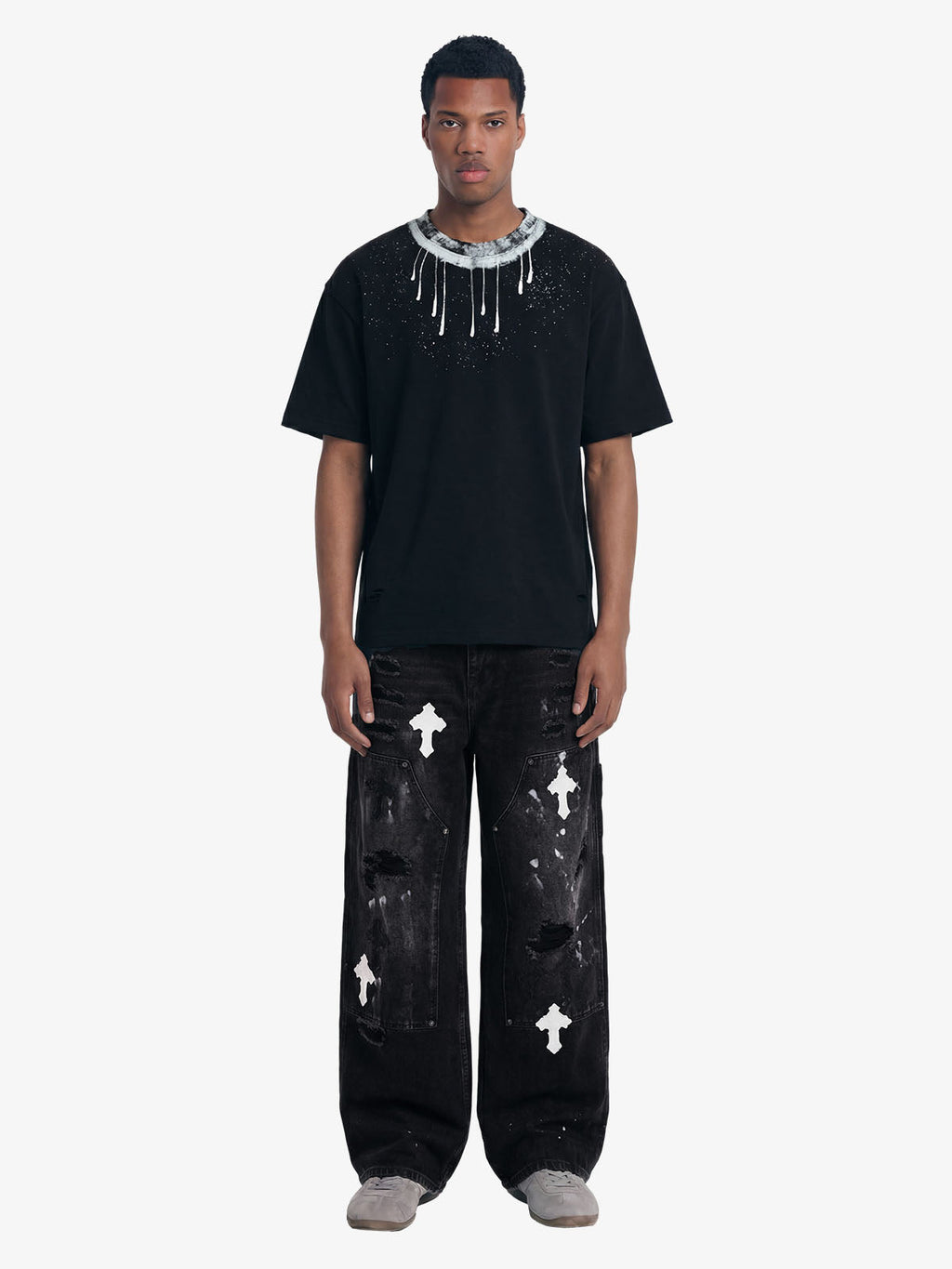 Distressed Cross Patchwork Baggy Denim Jeans - 2613