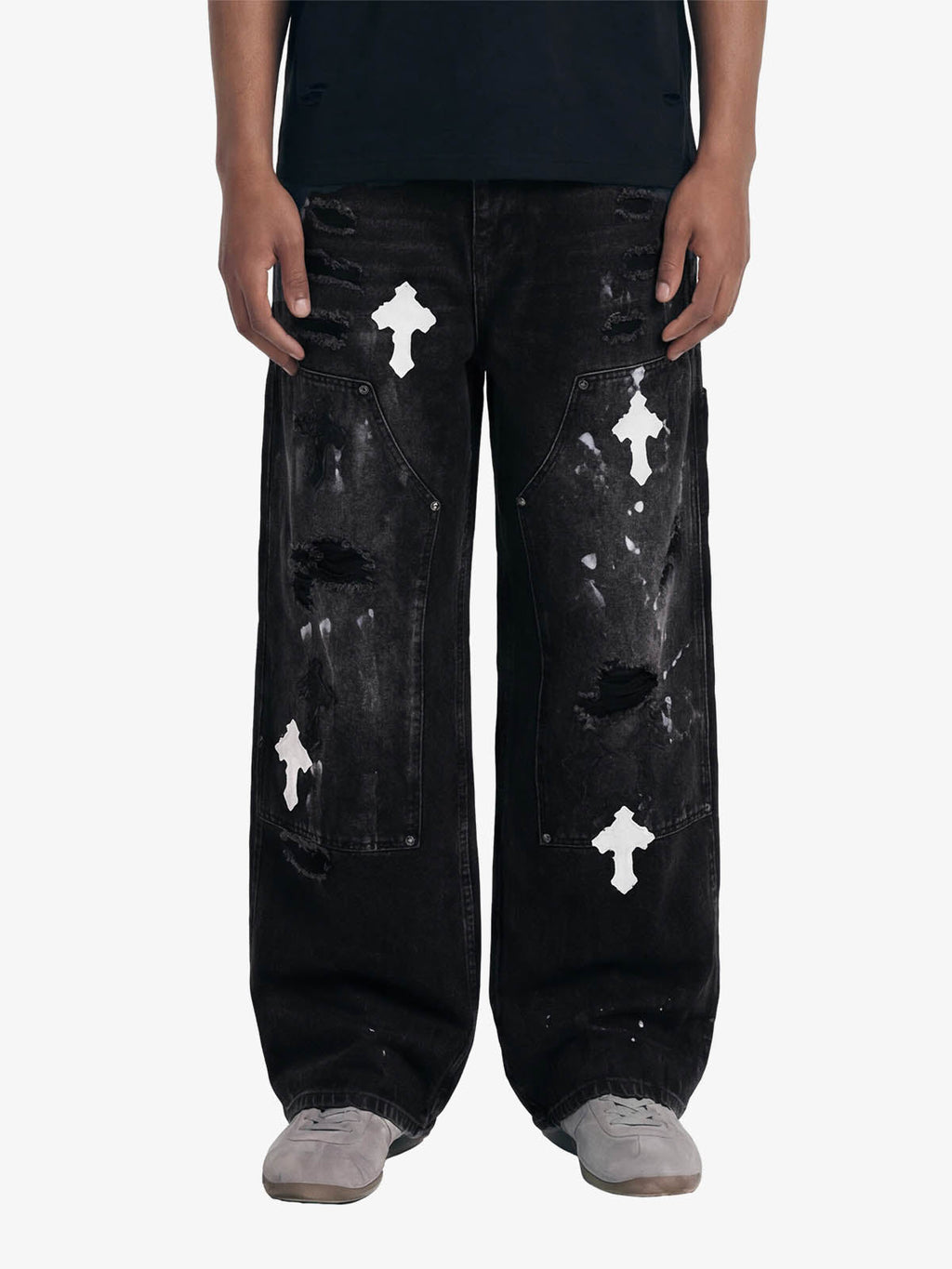 Distressed Cross Patchwork Baggy Denim Jeans - 2613