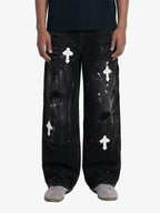 Distressed Cross Patchwork Baggy Denim Jeans - 2613