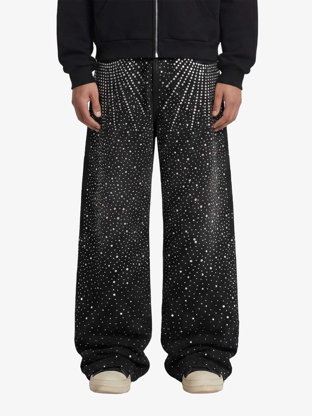 Retro Denim Full Rhinestone Design Baggy Jeans - 2545