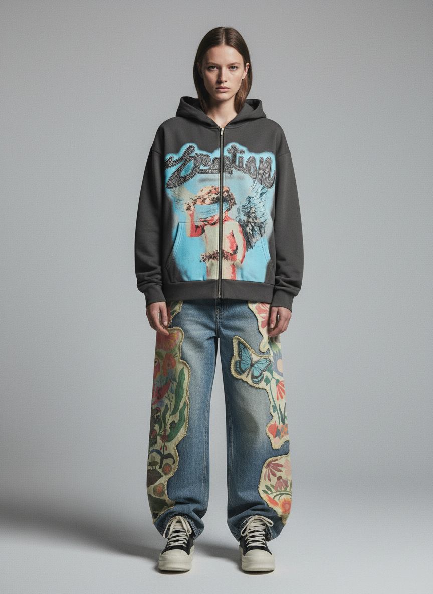 Vintage Blindfolded Angel Rhinestone Zip-Up Hoodie