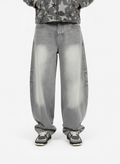 Retro Washed Distressed Curved Blade Wide-Leg Jeans