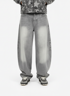 Retro Washed Distressed Curved Blade Wide-Leg Jeans