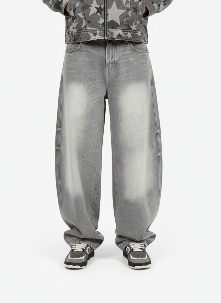 Retro Washed Distressed Curved Blade Wide-Leg Jeans