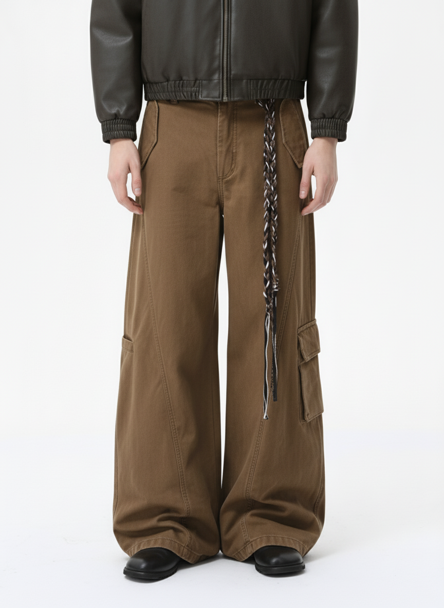 Washed Cargo Webbing Barrel Pants