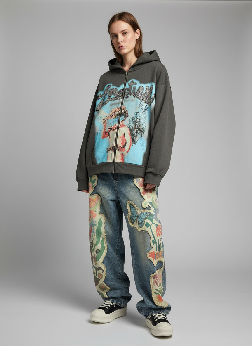Vintage Blindfolded Angel Rhinestone Zip-Up Hoodie