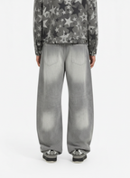 Retro Washed Distressed Curved Blade Wide-Leg Jeans