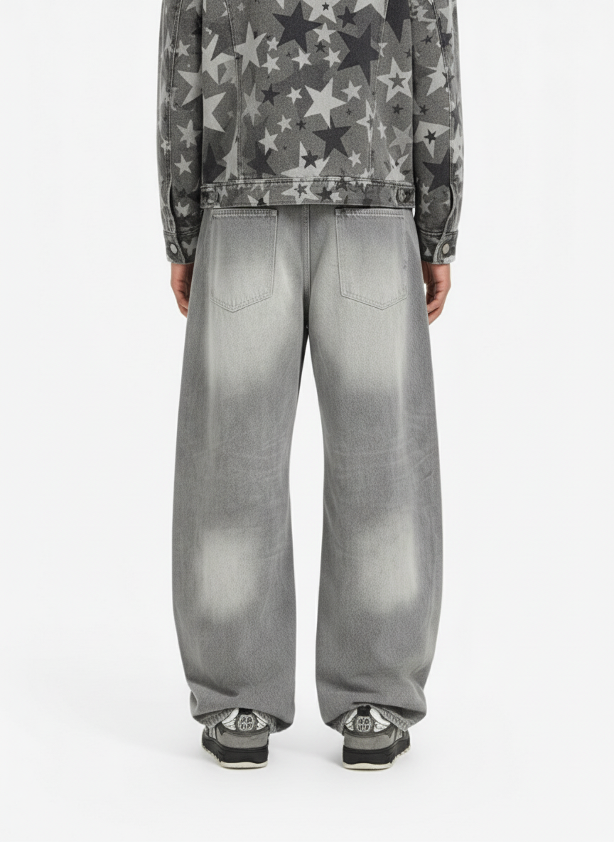 Retro Washed Distressed Curved Blade Wide-Leg Jeans