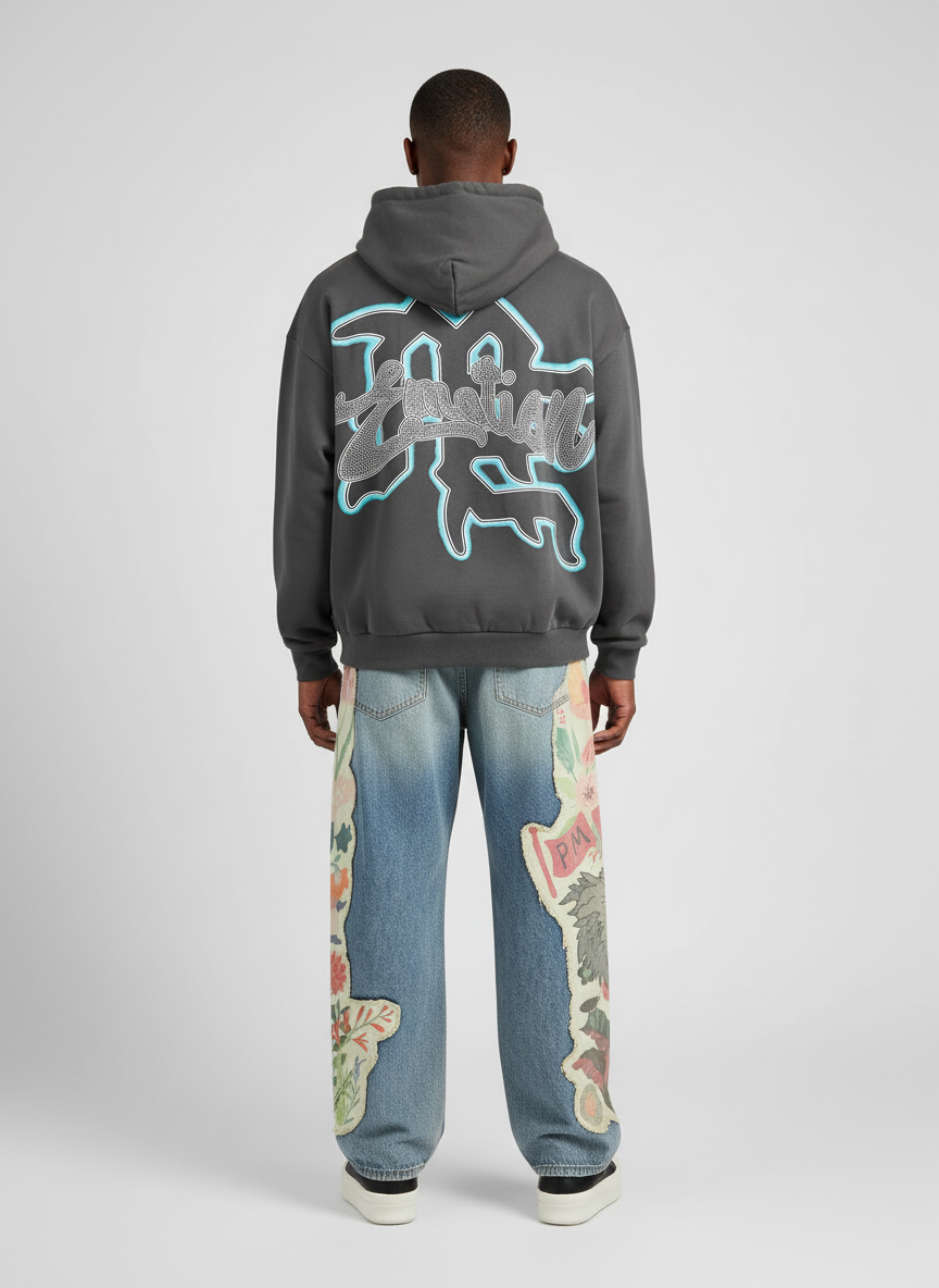 Vintage Blindfolded Angel Rhinestone Zip-Up Hoodie