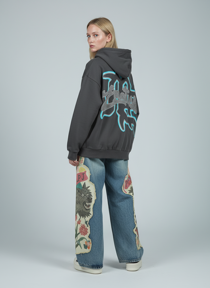 Vintage Blindfolded Angel Rhinestone Zip-Up Hoodie