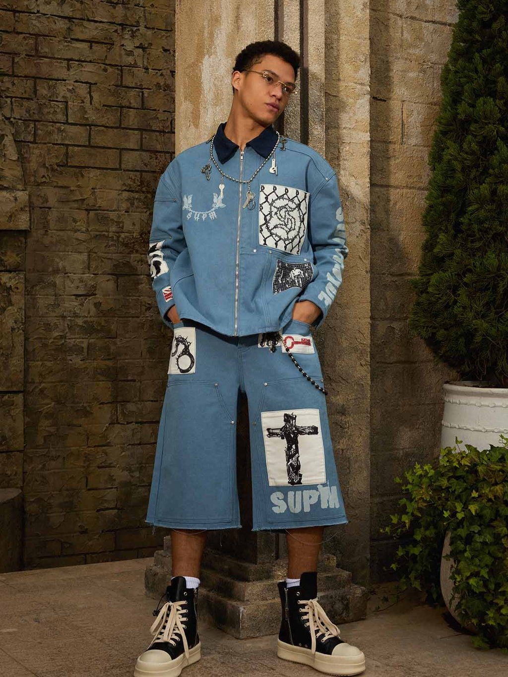 precipice Multi-Element Appliqué Patchwork Denim Suit - 2593