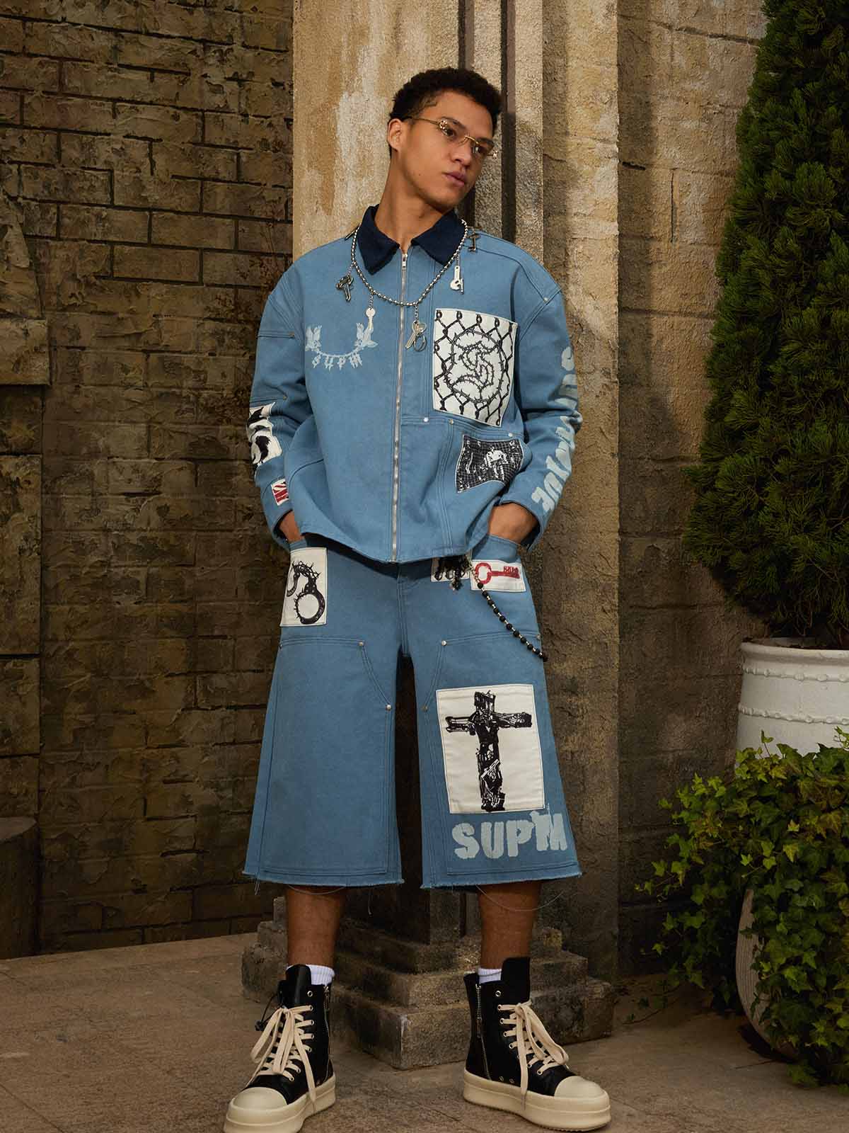precipice Multi-Element Appliqué Patchwork Denim Suit - 2593