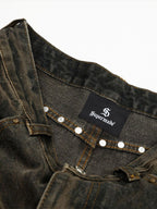 Washed Button Detail Wide Leg Pants