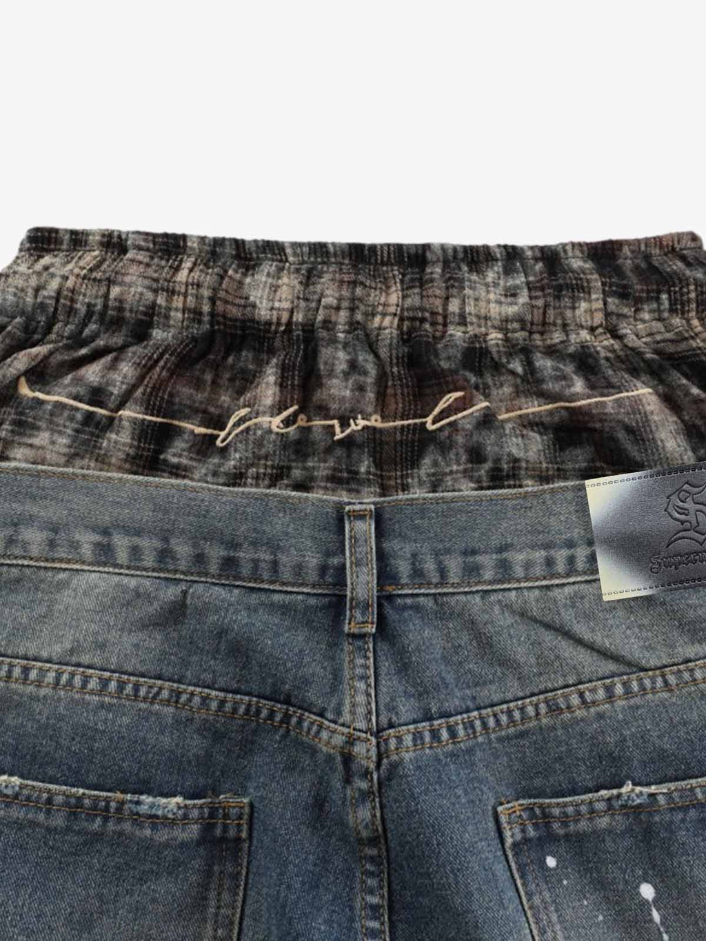 Distressed Plaid Layered Drawstring Wide Leg Jeans