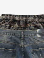 Distressed Plaid Layered Drawstring Wide Leg Jeans