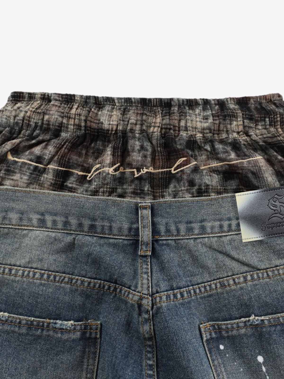Distressed Plaid Layered Drawstring Wide Leg Jeans