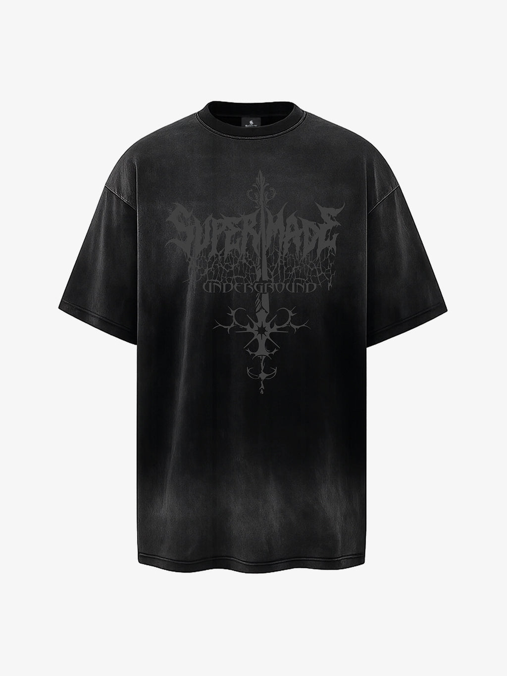Acid Wash Gothic Cross Spine Graphic Distressed T-Shirt - 2604