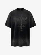 Acid Wash Gothic Cross Spine Graphic Distressed T-Shirt - 2604