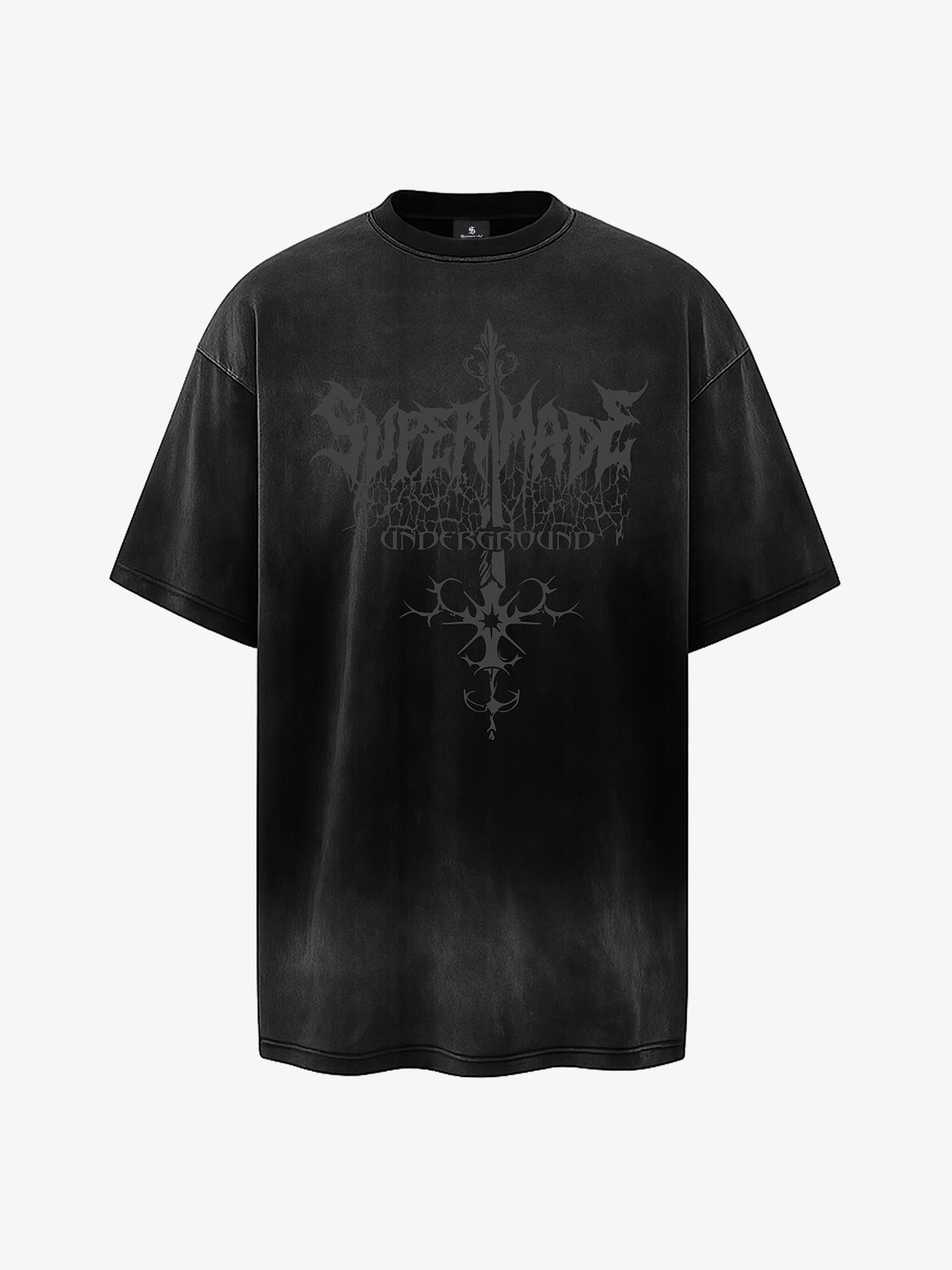 Acid Wash Gothic Cross Spine Graphic Distressed T-Shirt - 2604
