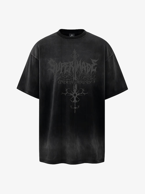 Acid Wash Gothic Cross Spine Graphic Distressed T-Shirt - 2604