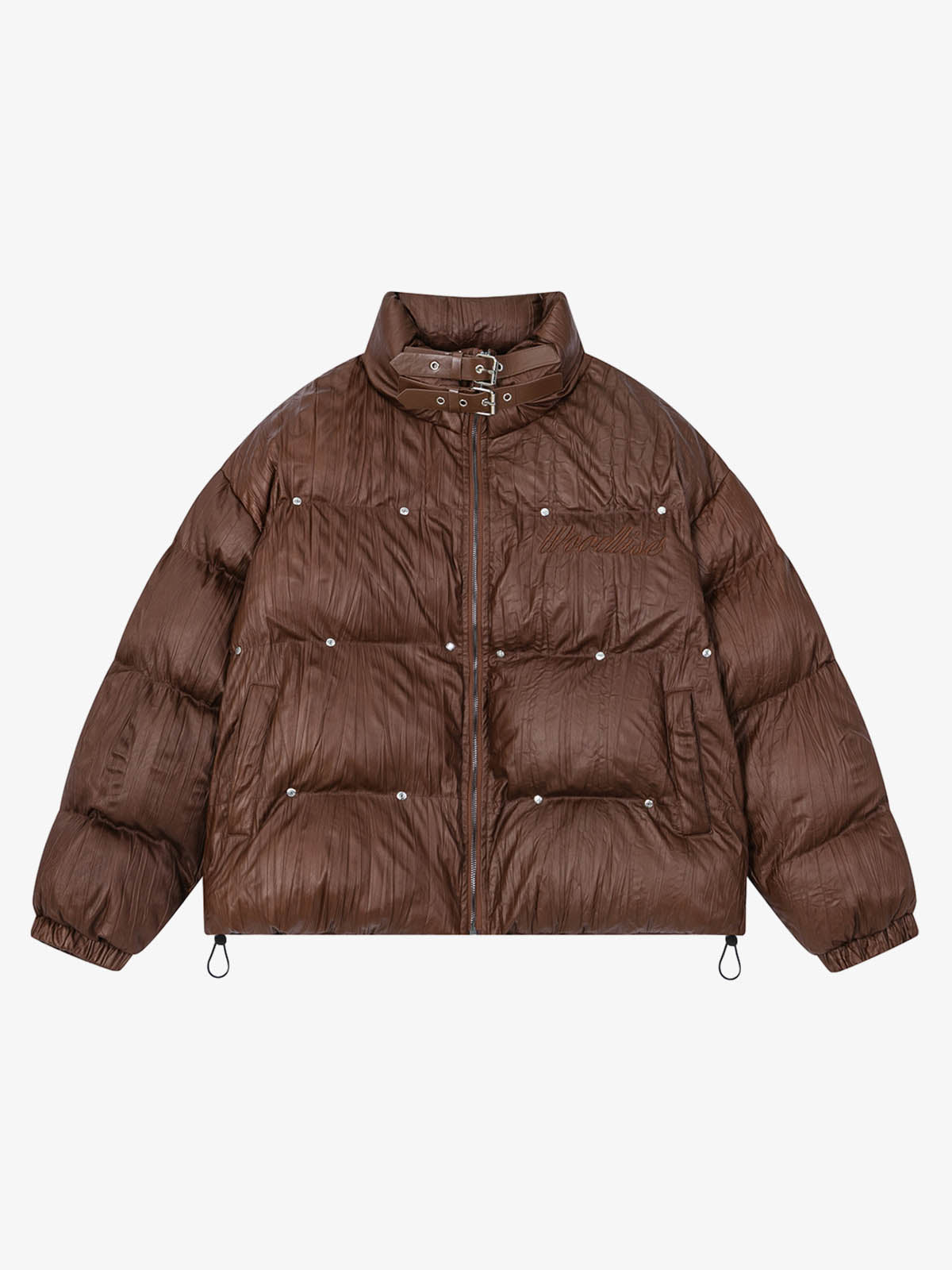 Retro Buckled High-Neck Crinkle Puffer Jacket