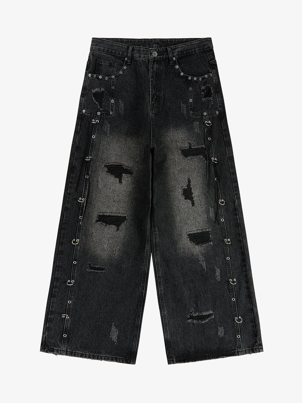 Vintage Washed Distressed Metal Ring Baggy Jeans
