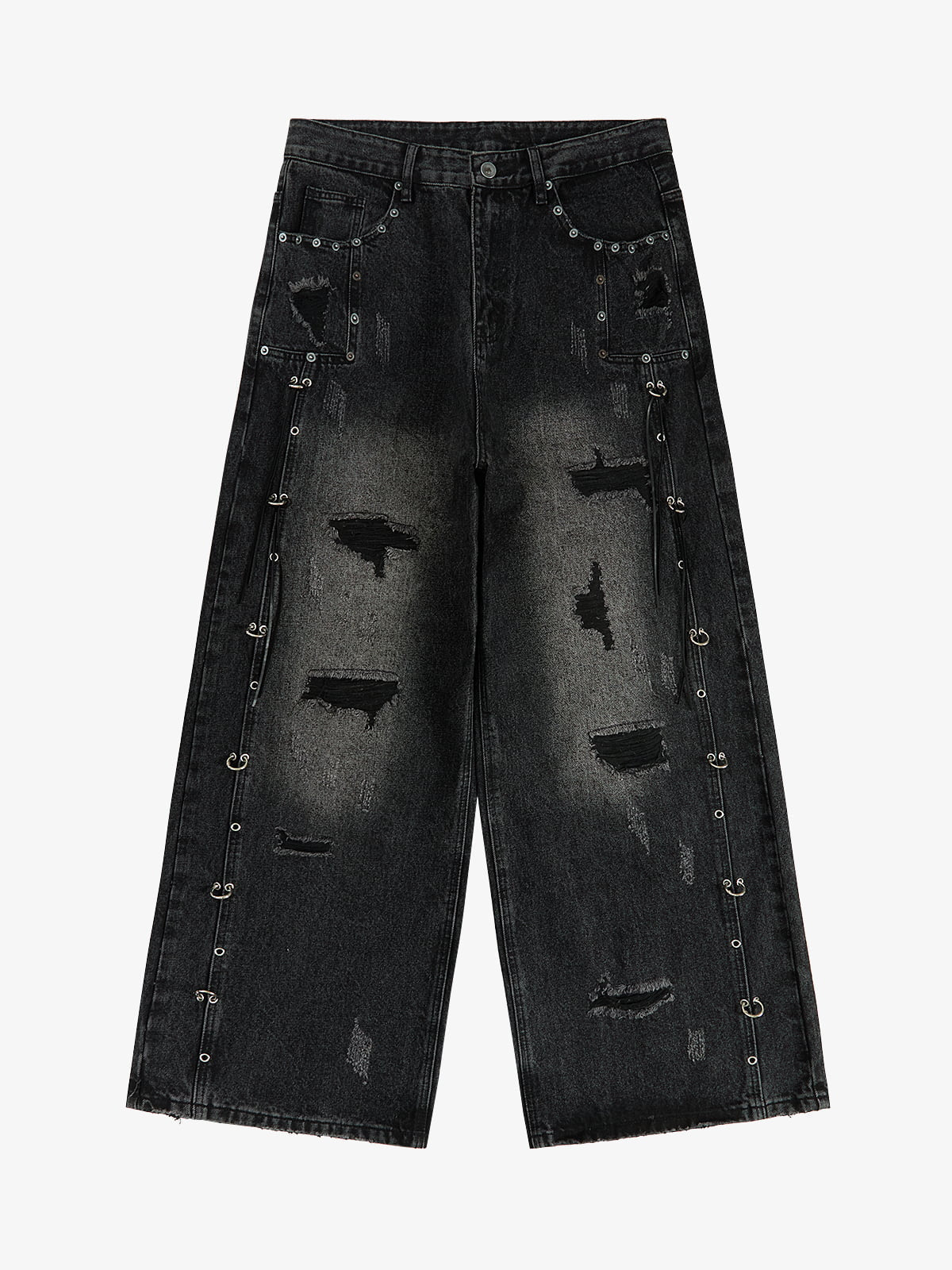 Vintage Washed Distressed Metal Ring Baggy Jeans