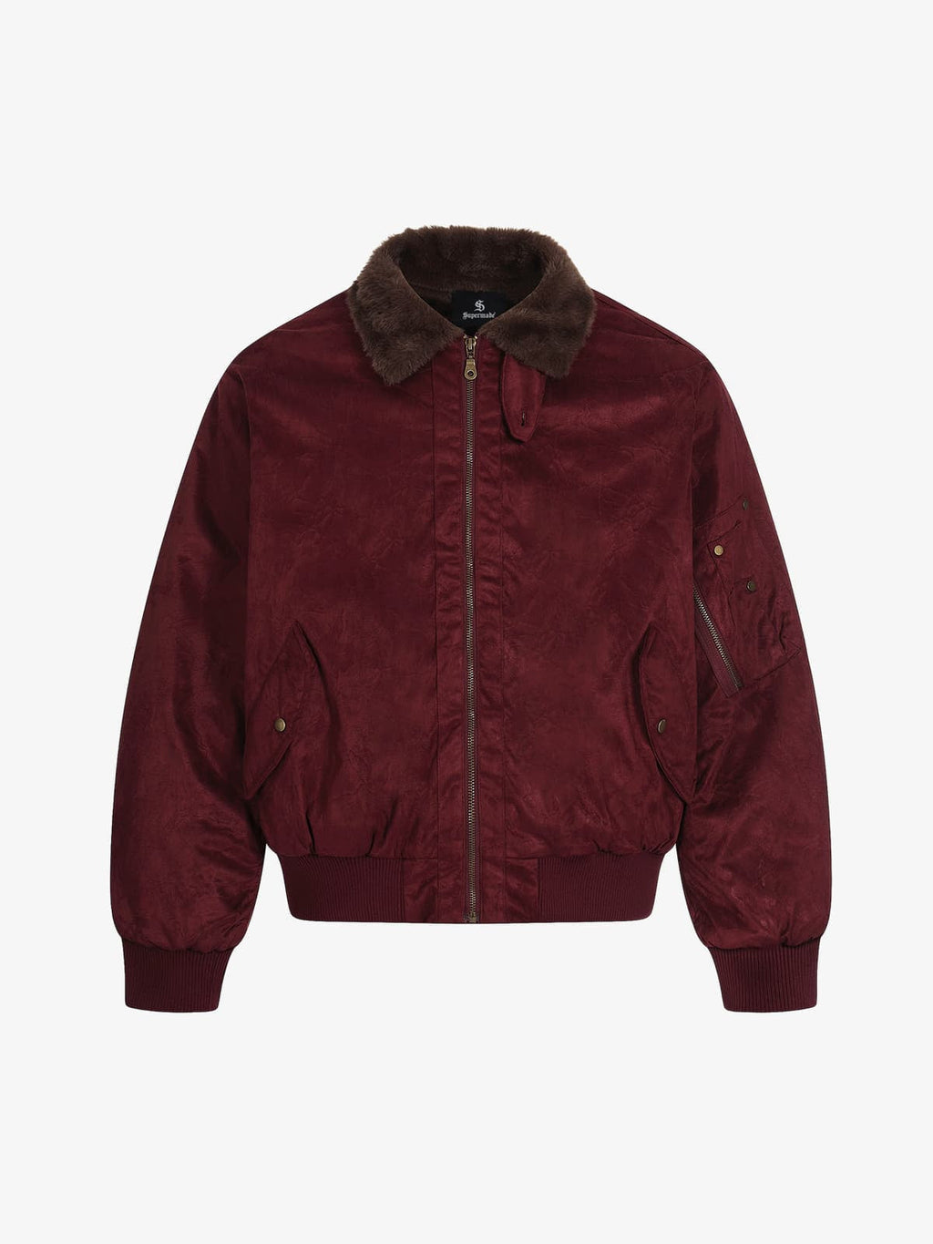 Retro Suede Faux Fur Collar Fleece Lined Bomber Jacket