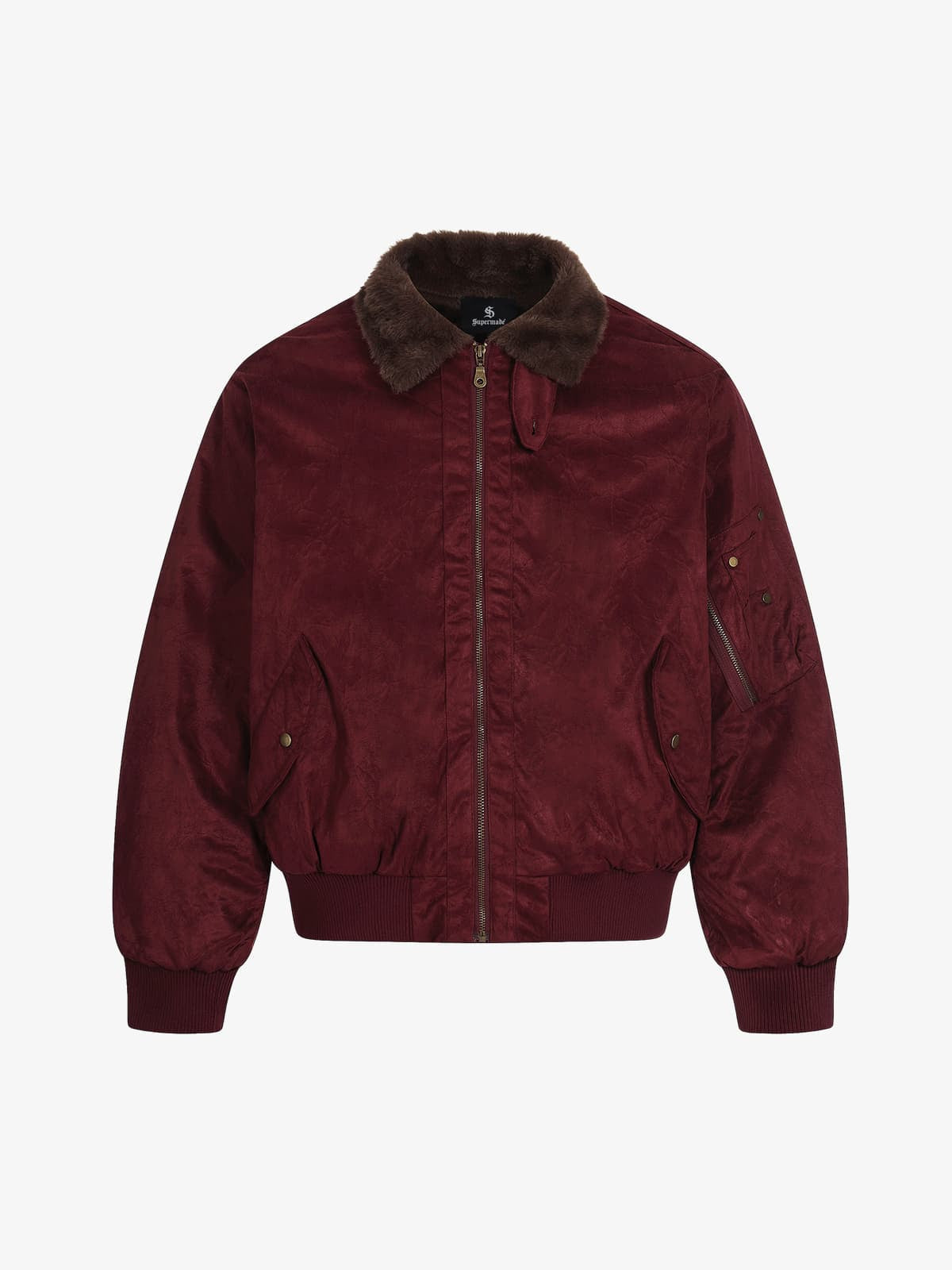 Retro Suede Faux Fur Collar Fleece Lined Bomber Jacket