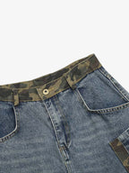 Denim Camouflage Patchwork Cargo Jorts
