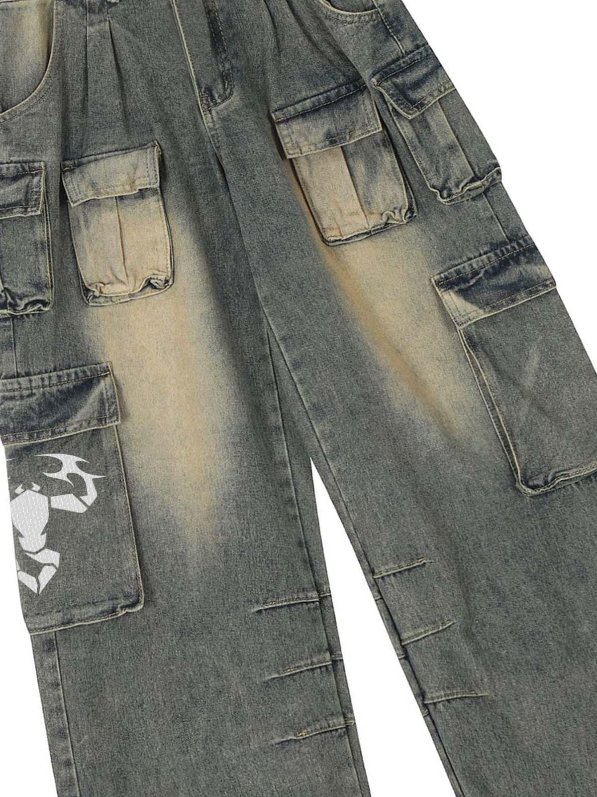 Washed Scorpion Print Multi Pocket Cargo Pants