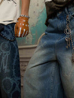 Original Retro Thorn and Key Pattern Laser-Burnout Baggy Jeans - 2595