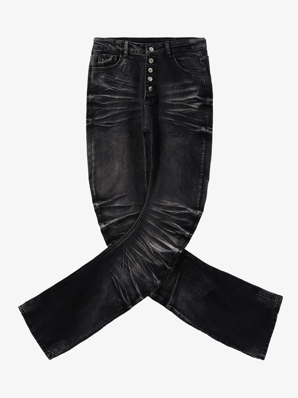 Vintage Distressed Button Fly Ruched Panel Flared Jeans