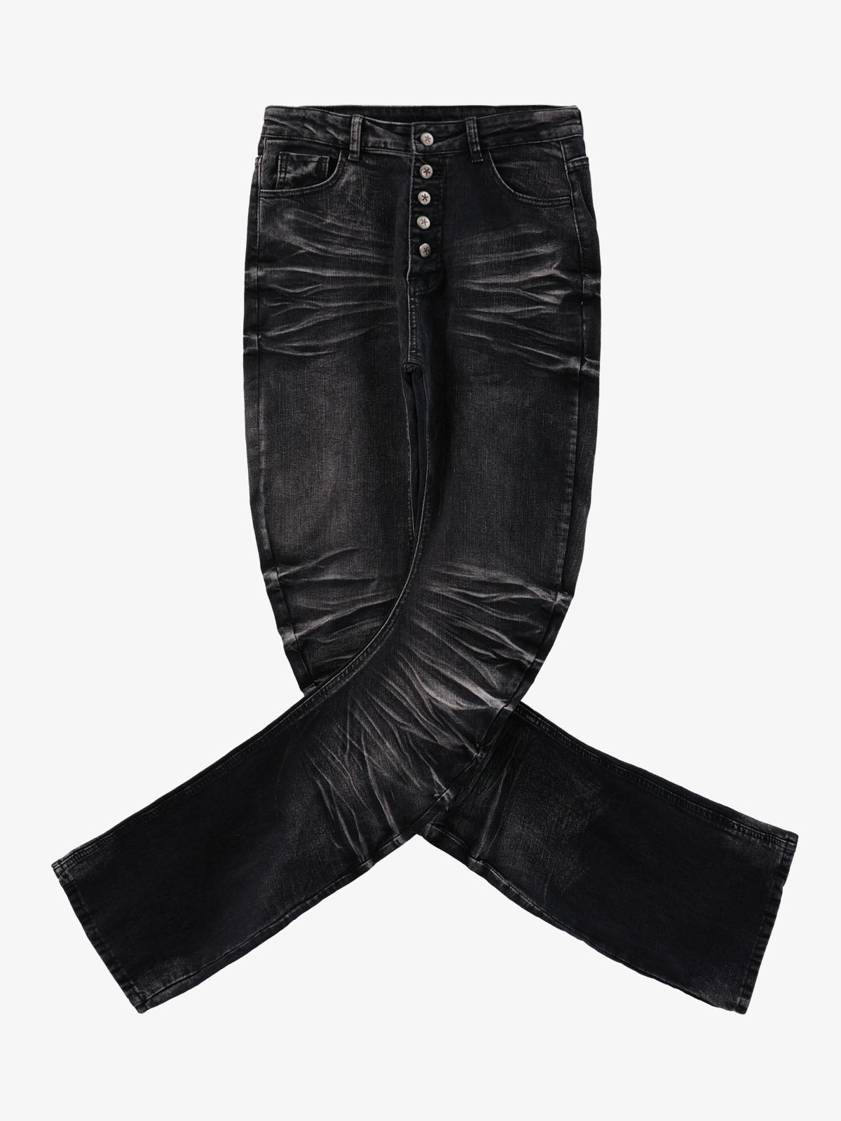 Vintage Distressed Button Fly Ruched Panel Flared Jeans