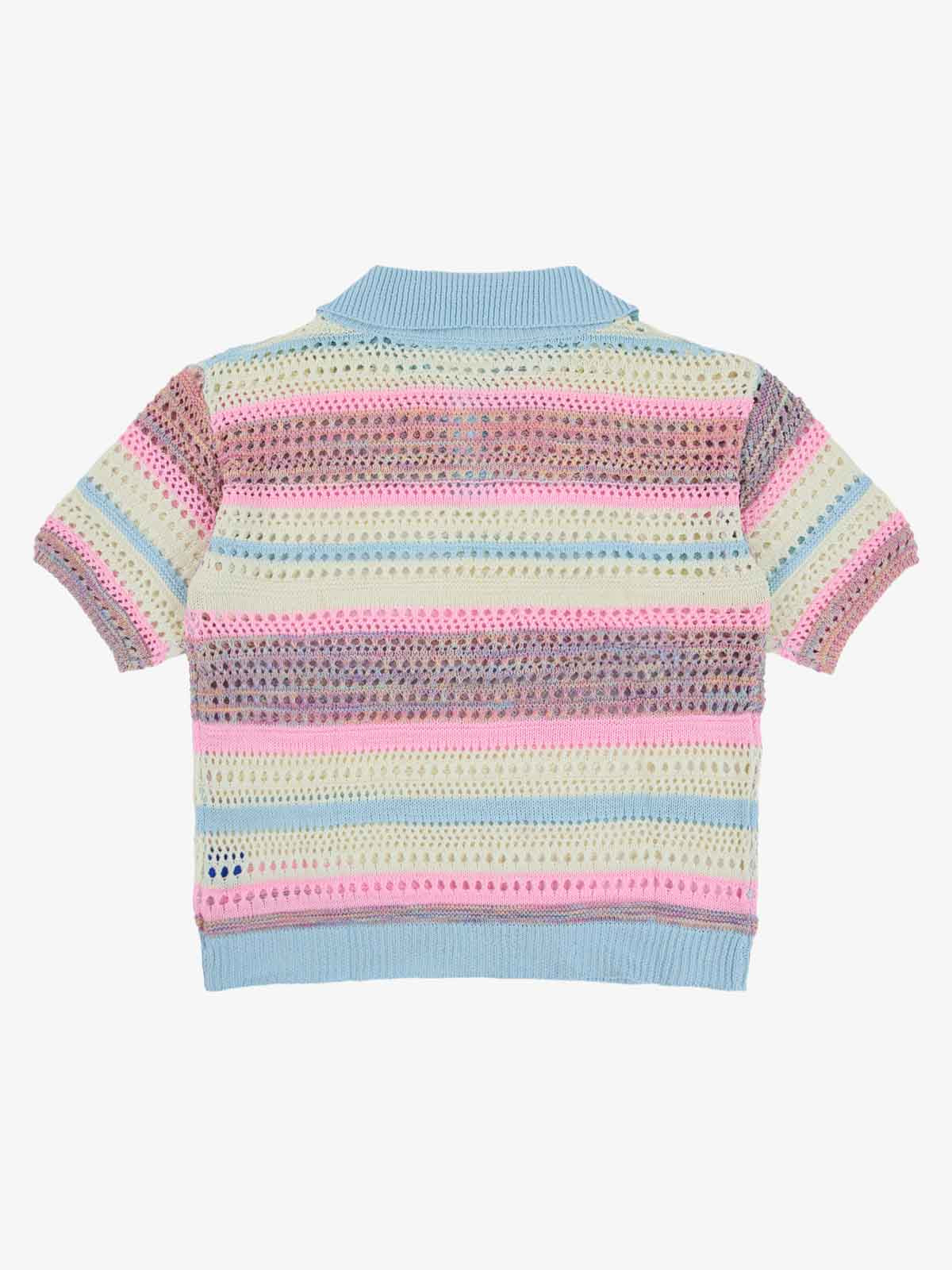 Pastel Striped Crochet Knit Short Sleeve Polo Shirt