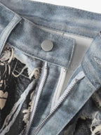 Distressed Patchwork Wide Leg Washed Denim Jeans