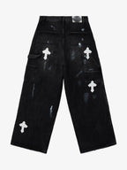 Distressed Cross Patchwork Baggy Denim Jeans - 2613